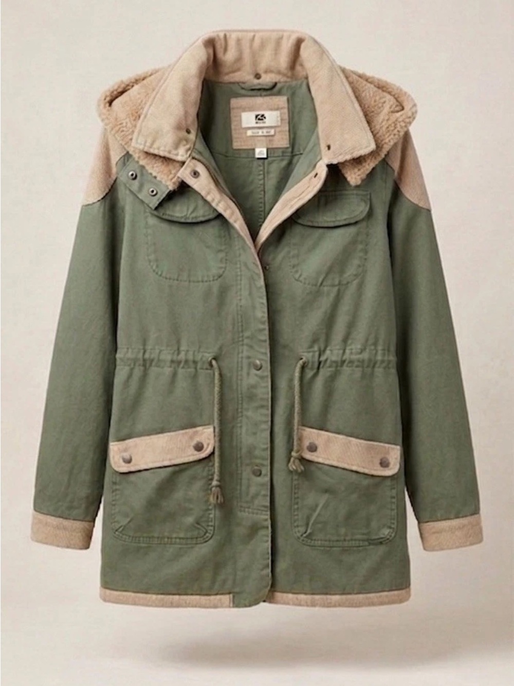VINTAGE Rusty Utility Parka Jacket Green Corduroy Fleece Hood Size 12 M Cotton